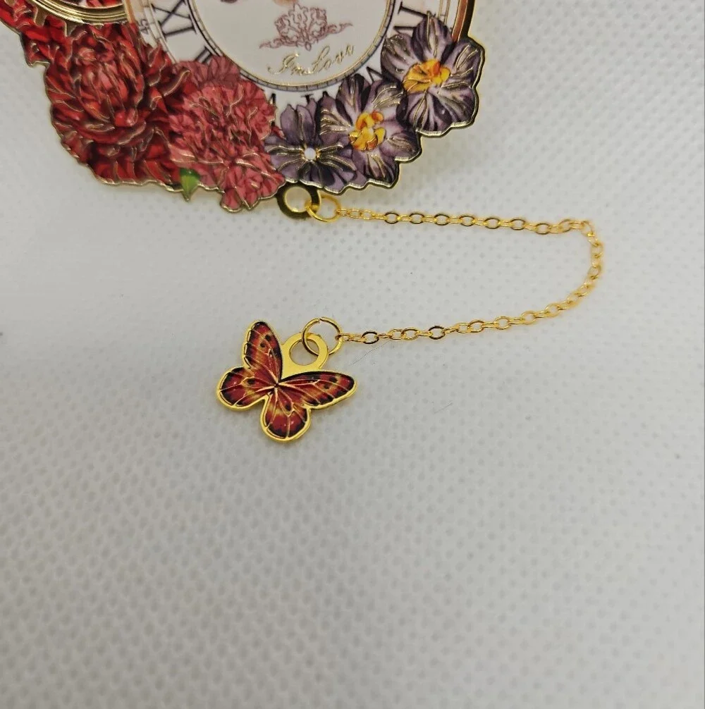Vintage Floral Clock Enamel Bookmark with Gold Chain and Red Butterfly